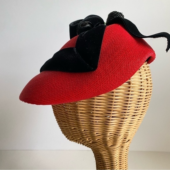 Vintage 50s Gladys & George Originals Pillbox Fascinator Hat Red Black Velvet - Picture 5 of 10